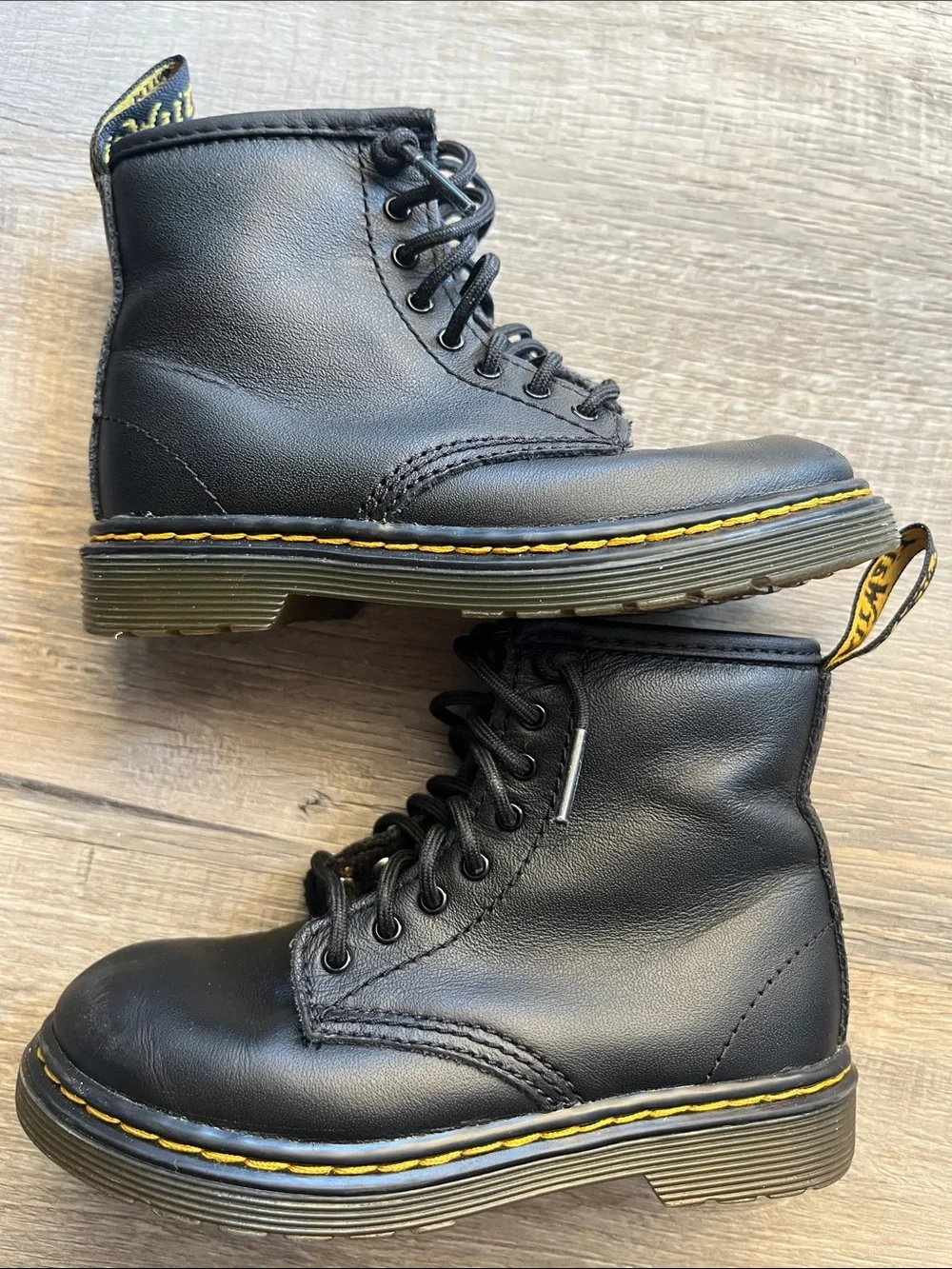 Dr. Martens Kids Black Leather Lace-Up Boots Yellow Stitching, Sz 9